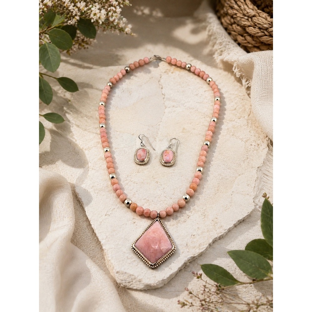 Handcrafted Native American Necklace & Earrings Set Peruvian Opal Stone Jewelry*